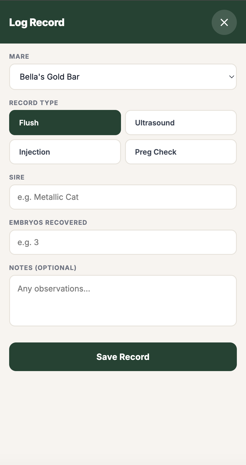 Flush log form with embryos recovered, sire, and record type selection